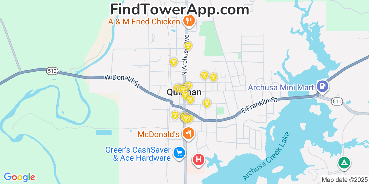 Map showing the 20 primary cell tower locations detected in Quitman, Mississippi from AT&T, Verizon, and T-Mobile networks