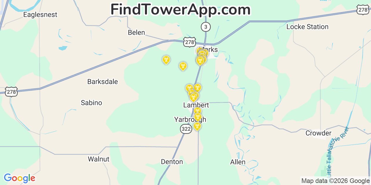 Map showing the 20 primary cell tower locations detected in Quitman, Mississippi from AT&T, Verizon, and T-Mobile networks