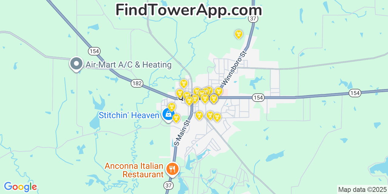 Map showing the 20 primary cell tower locations detected in Quitman, Texas from AT&T, Verizon, and T-Mobile networks