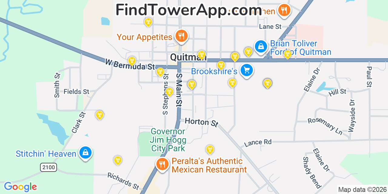 Map showing the 20 primary cell tower locations detected in Quitman, Texas from AT&T, Verizon, and T-Mobile networks