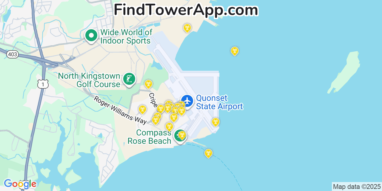 Map showing the 20 primary AT&T cell tower locations detected in Quonset Point, Rhode Island with coverage radius and signal strength indicators