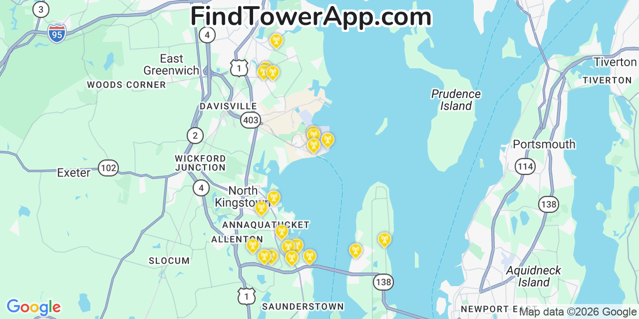 Map showing the 20 primary cell tower locations detected in Quonset Point, Rhode Island from AT&T, Verizon, and T-Mobile networks