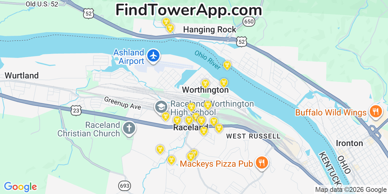 Map showing the 20 primary cell tower locations detected in Raceland, Kentucky from AT&T, Verizon, and T-Mobile networks