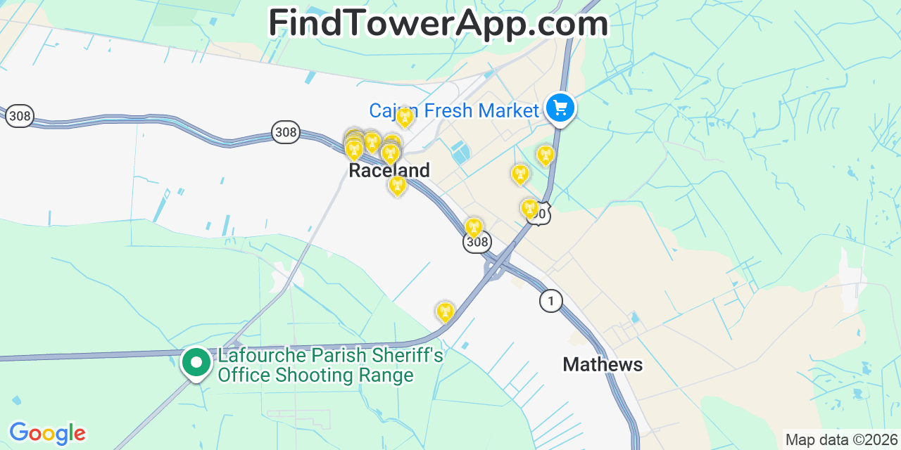 Map showing the 20 primary cell tower locations detected in Raceland, Louisiana from AT&T, Verizon, and T-Mobile networks