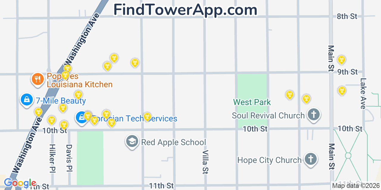 Map showing the 20 primary cell tower locations detected in Racine, Wisconsin from AT&T, Verizon, and T-Mobile networks