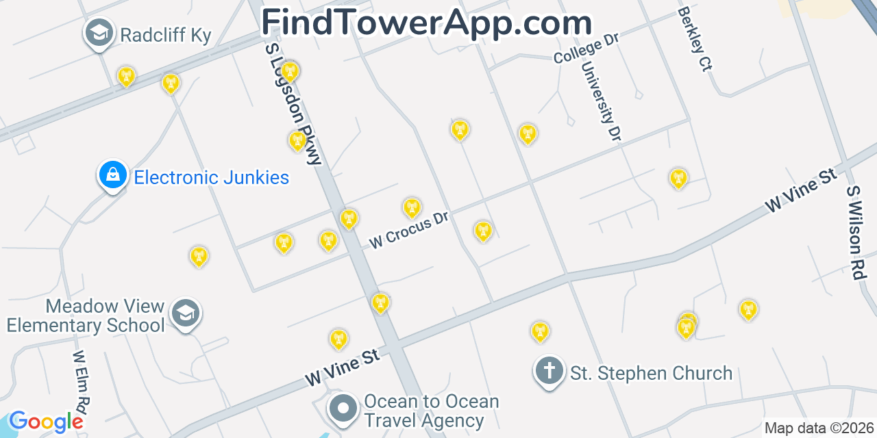 Map showing the 20 primary cell tower locations detected in Radcliff, Kentucky from AT&T, Verizon, and T-Mobile networks