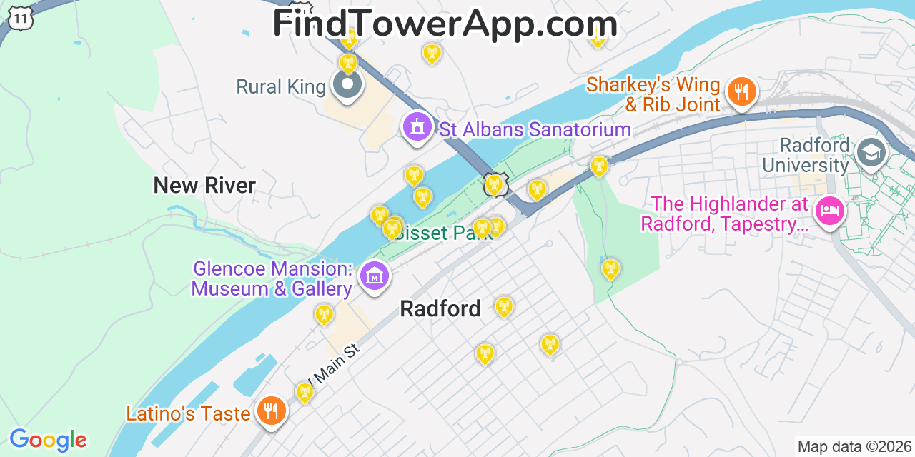 Map showing the 20 primary cell tower locations detected in Radford, Virginia from AT&T, Verizon, and T-Mobile networks