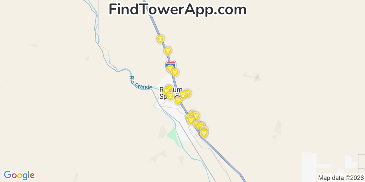 Map showing the 20 primary cell tower locations detected in Radium Springs, New Mexico from AT&T, Verizon, and T-Mobile networks
