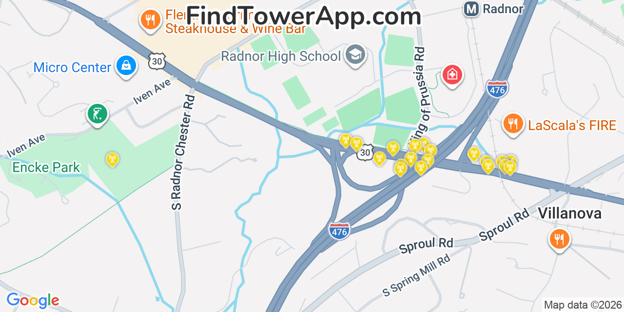 Map showing the 20 primary cell tower locations detected in Radnor, Pennsylvania from AT&T, Verizon, and T-Mobile networks