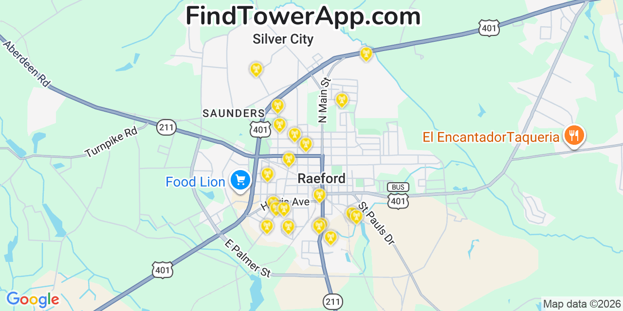 Map showing the 20 primary cell tower locations detected in Raeford, North Carolina from AT&T, Verizon, and T-Mobile networks