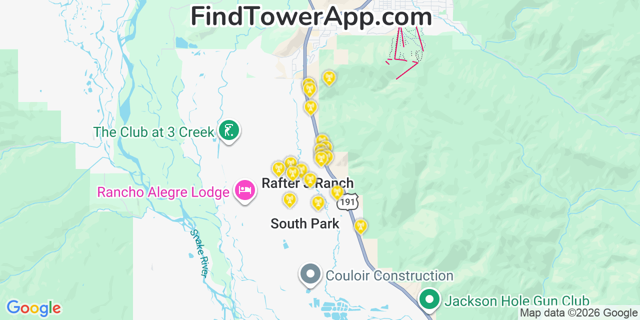 Map showing the 20 primary cell tower locations detected in Rafter J Ranch, Wyoming from AT&T, Verizon, and T-Mobile networks