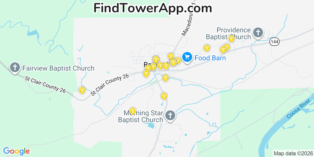 Map showing the 20 primary cell tower locations detected in Ragland, Alabama from AT&T, Verizon, and T-Mobile networks