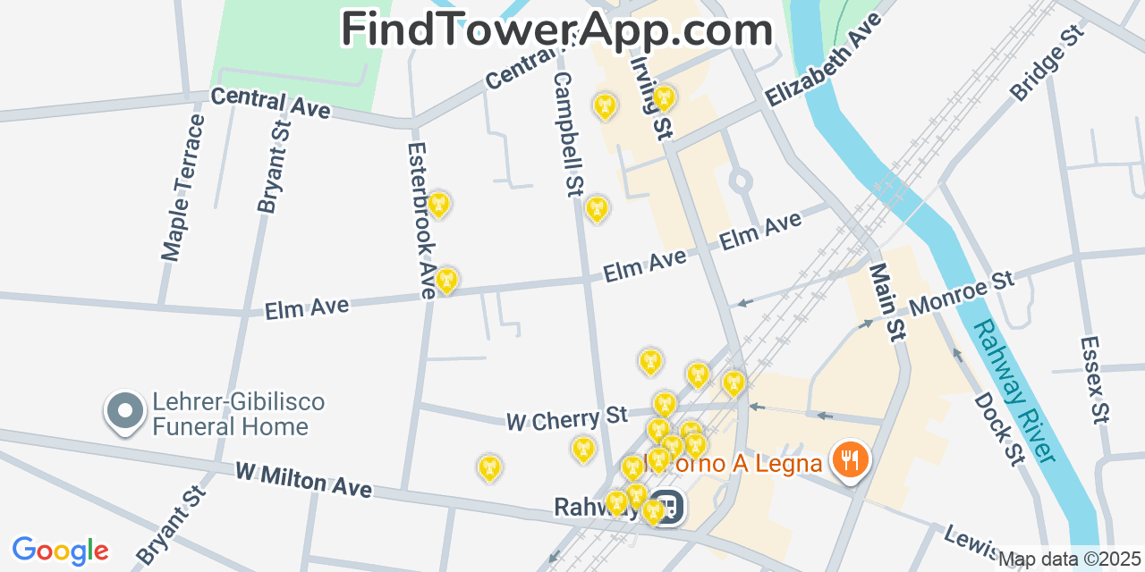 Map showing the 20 primary cell tower locations detected in Rahway, New Jersey from AT&T, Verizon, and T-Mobile networks