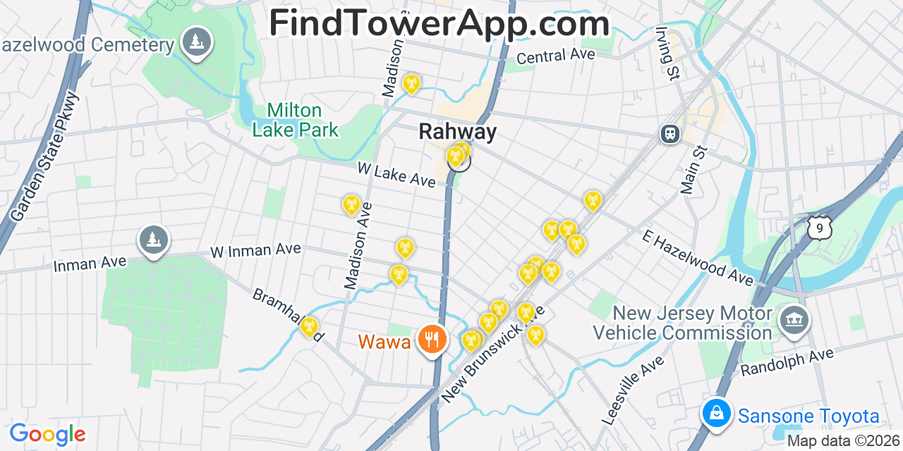 Map showing the 20 primary cell tower locations detected in Rahway, New Jersey from AT&T, Verizon, and T-Mobile networks
