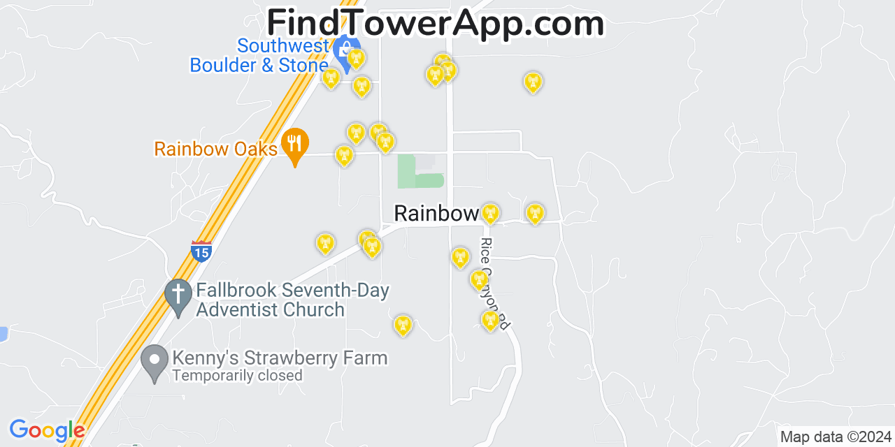 AT&T 4G/5G cell tower coverage map Rainbow, California