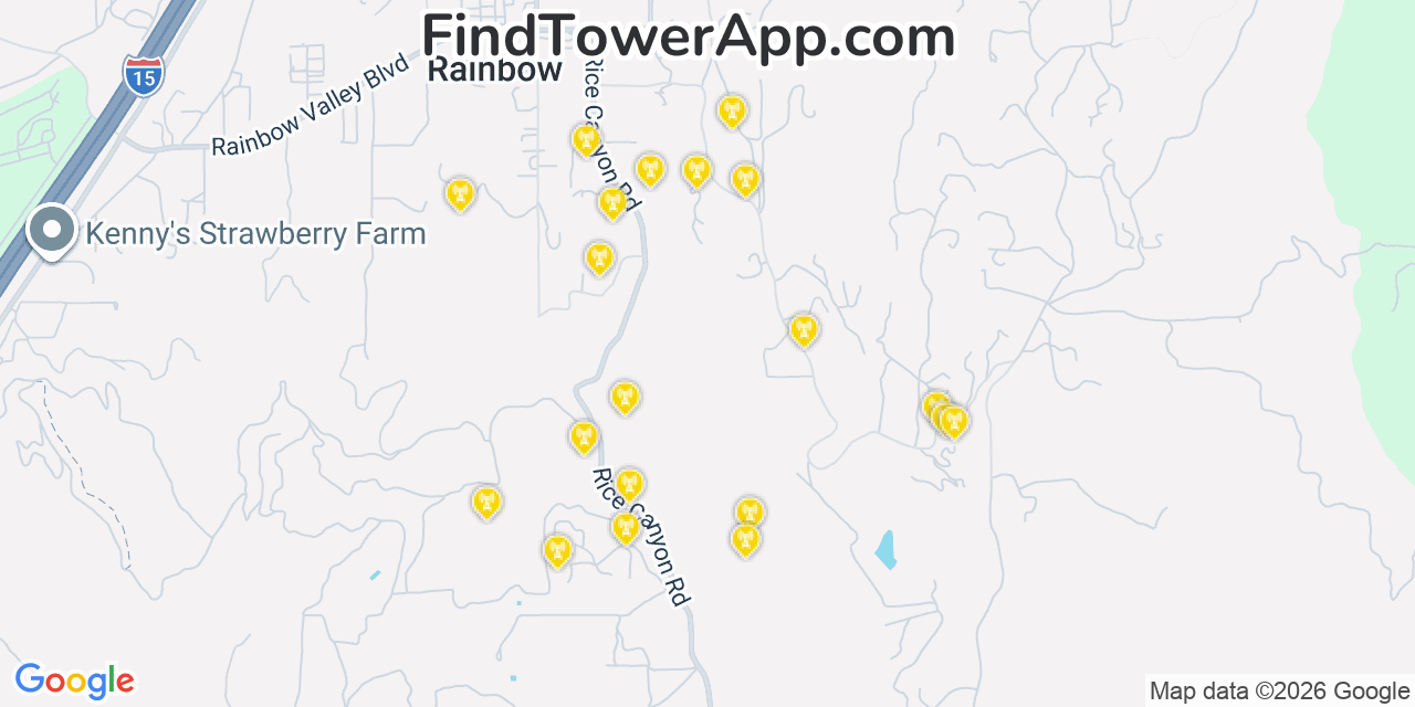 Map showing the 20 primary cell tower locations detected in Rainbow, California from AT&T, Verizon, and T-Mobile networks