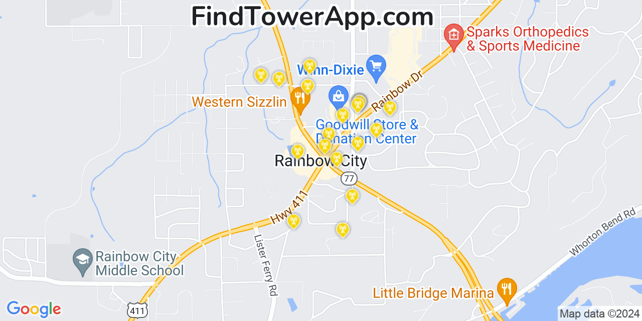 AT&T 4G/5G cell tower coverage map Rainbow City, Alabama