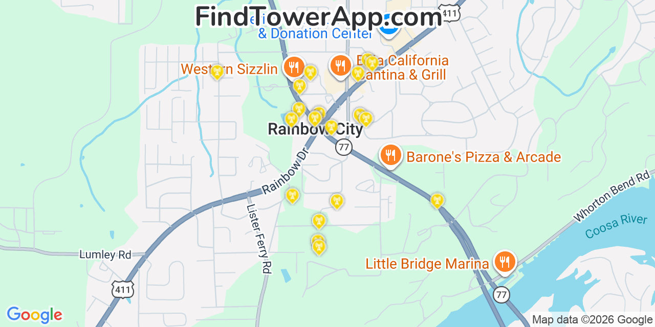 Map showing the 20 primary cell tower locations detected in Rainbow City, Alabama from AT&T, Verizon, and T-Mobile networks
