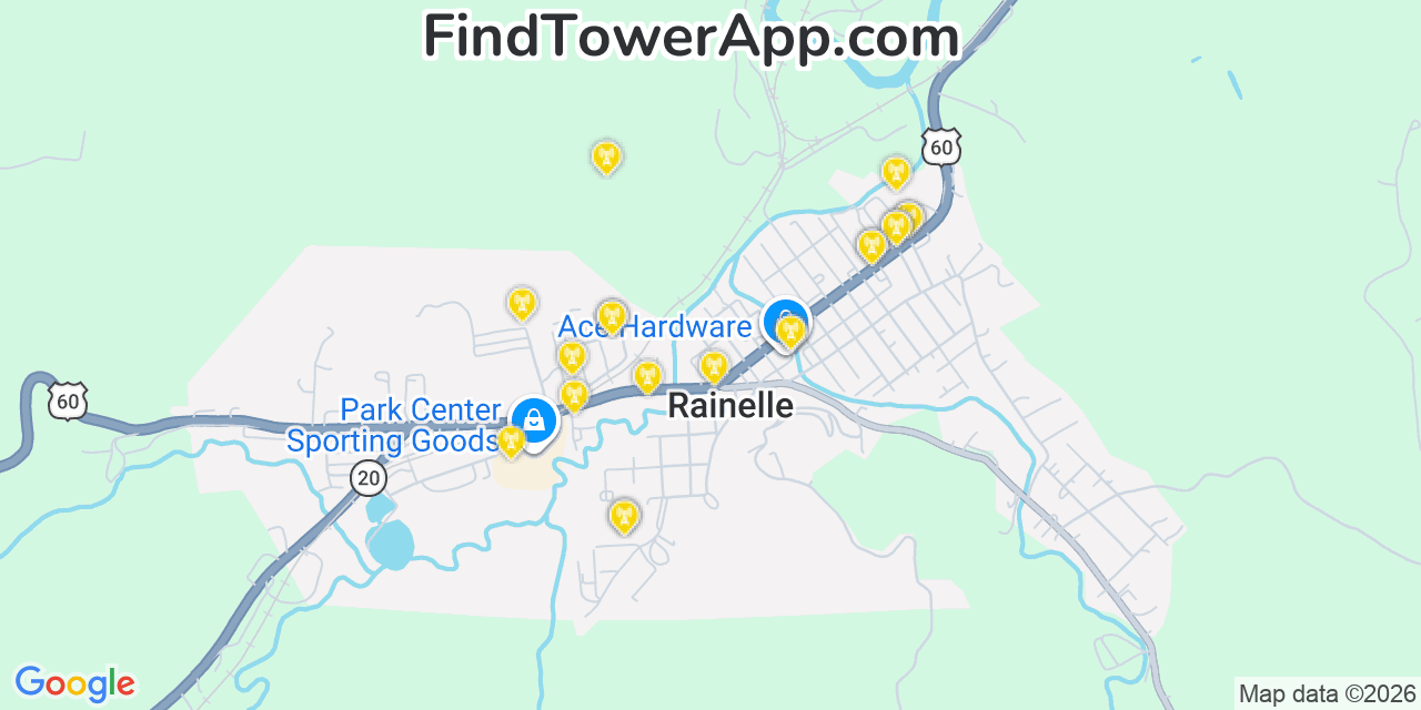 Map showing the 20 primary cell tower locations detected in Rainelle, West Virginia from AT&T, Verizon, and T-Mobile networks
