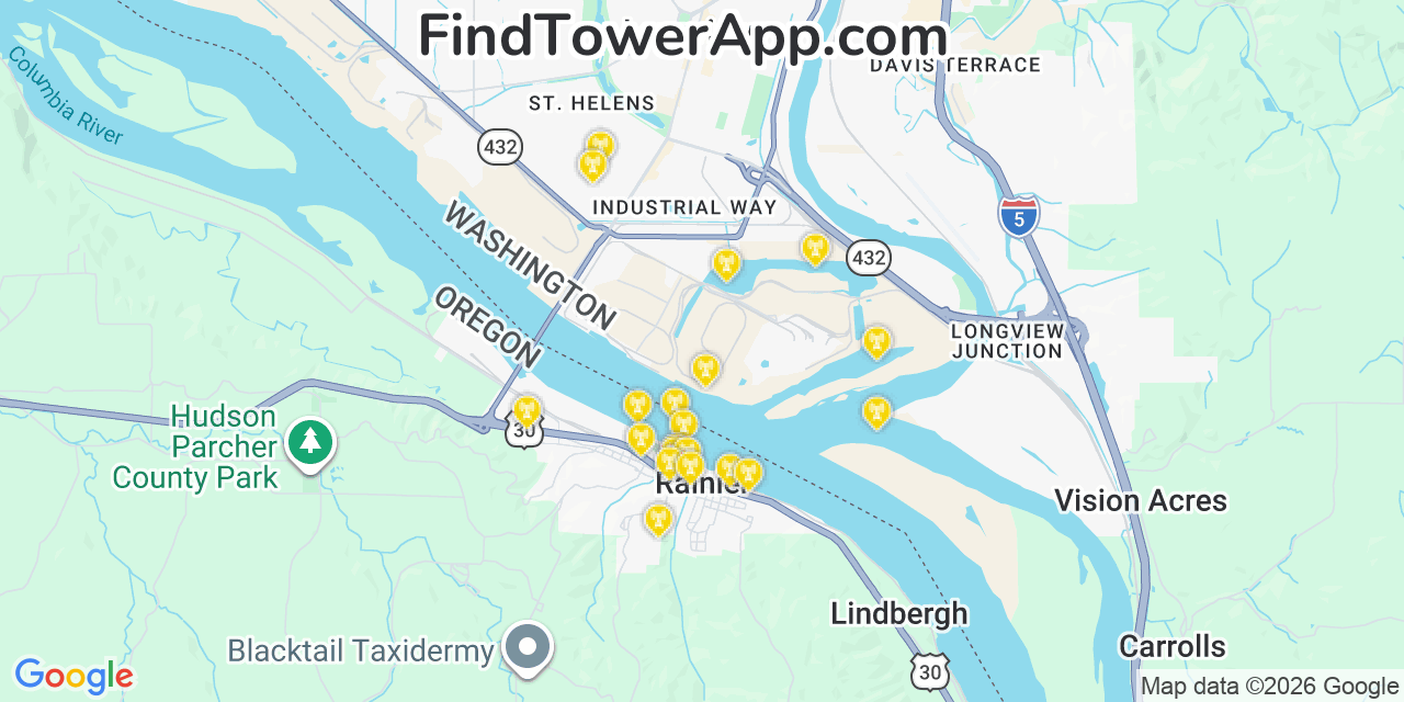 Map showing the 20 primary cell tower locations detected in Rainier, Oregon from AT&T, Verizon, and T-Mobile networks
