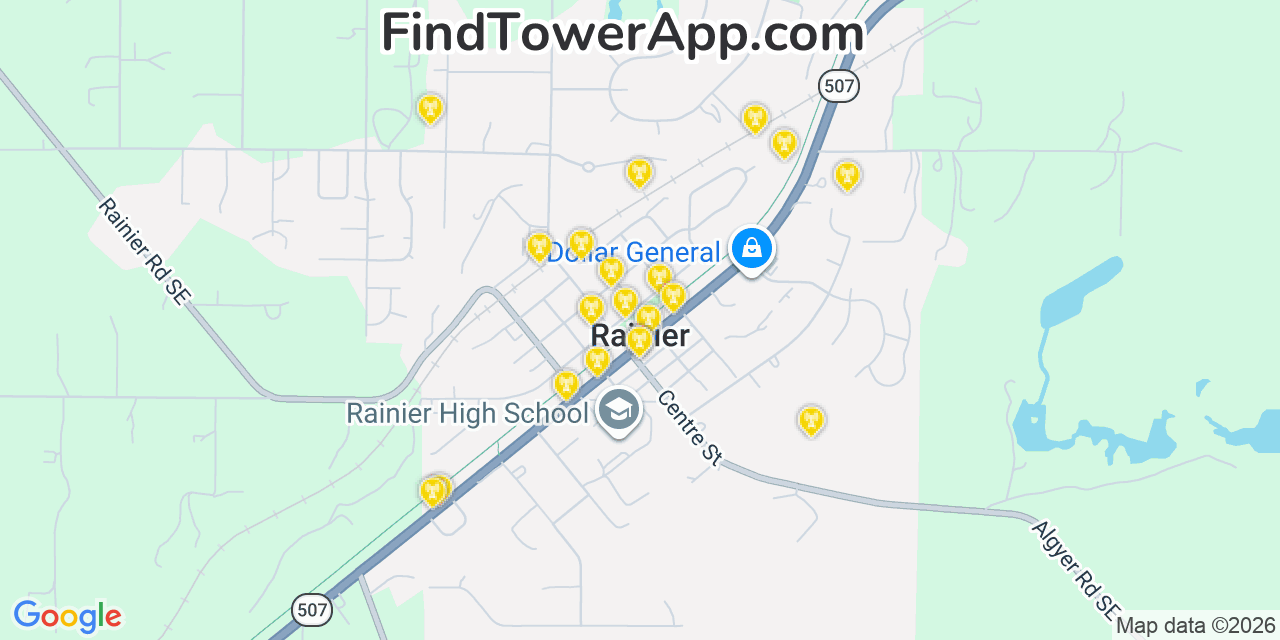 Map showing the 20 primary cell tower locations detected in Rainier, Washington from AT&T, Verizon, and T-Mobile networks