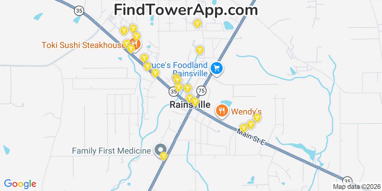 Map showing the 20 primary cell tower locations detected in Rainsville, Alabama from AT&T, Verizon, and T-Mobile networks