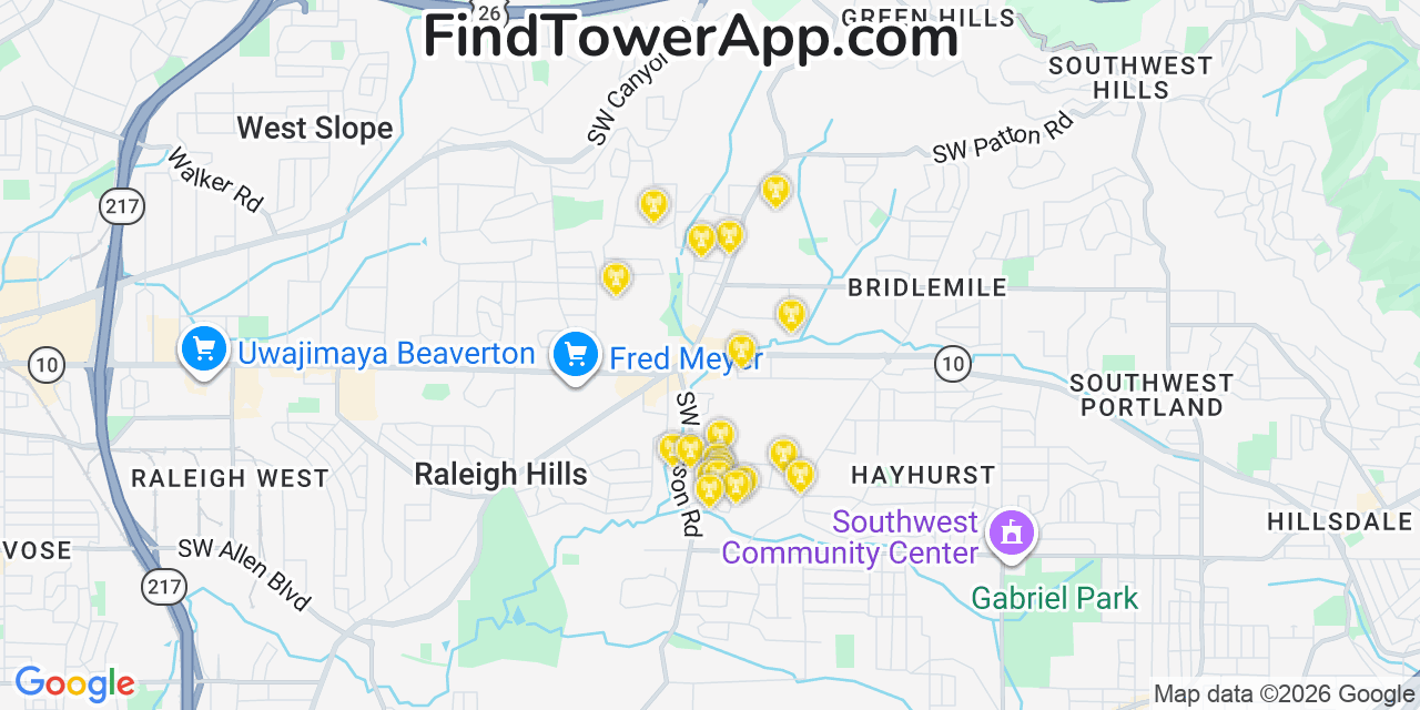 Map showing the 20 primary cell tower locations detected in Raleigh Hills, Oregon from AT&T, Verizon, and T-Mobile networks
