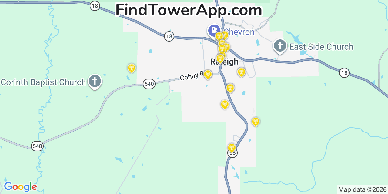 Map showing the 20 primary cell tower locations detected in Raleigh, Mississippi from AT&T, Verizon, and T-Mobile networks