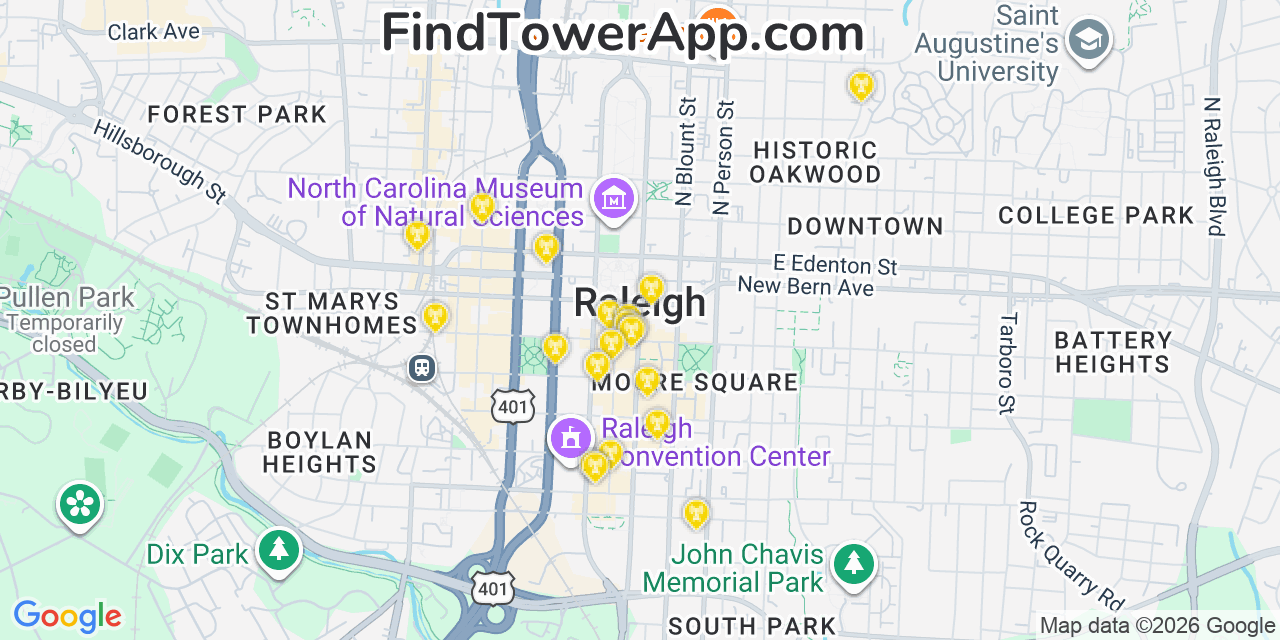 Map showing the 20 primary cell tower locations detected in Raleigh, North Carolina from AT&T, Verizon, and T-Mobile networks