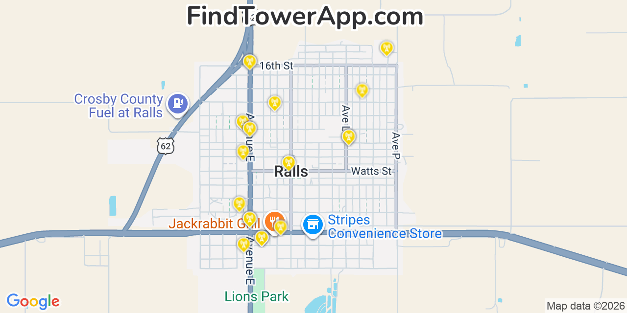 Map showing the 20 primary cell tower locations detected in Ralls, Texas from AT&T, Verizon, and T-Mobile networks