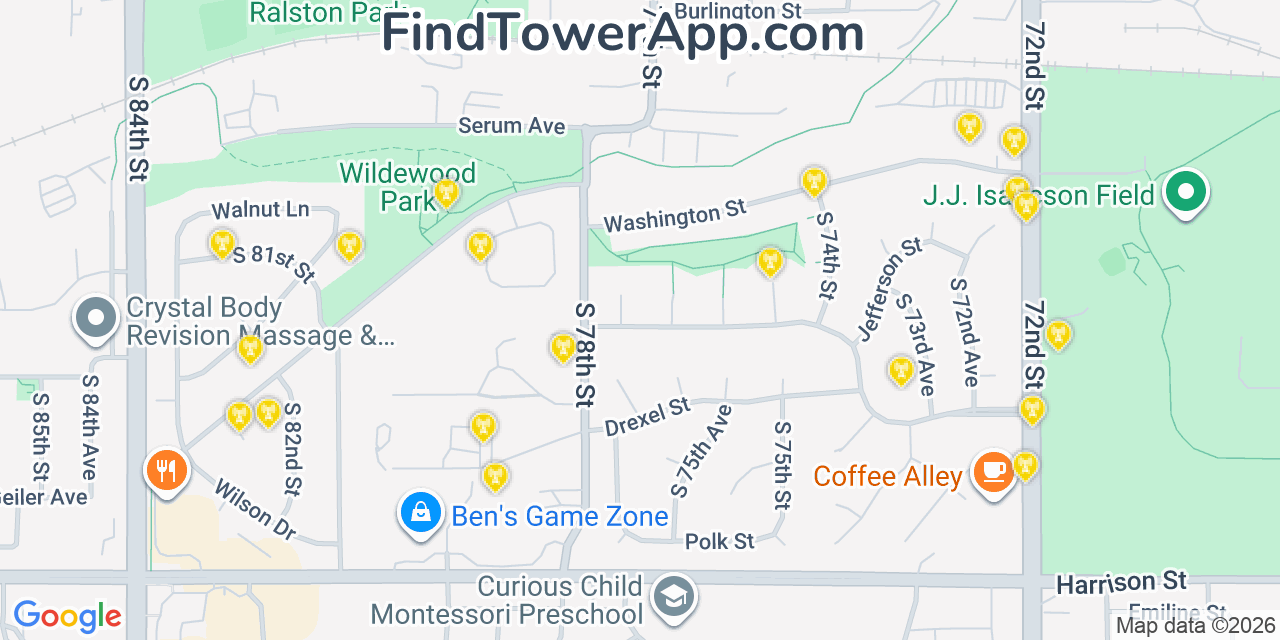 Map showing the 20 primary cell tower locations detected in Ralston, Nebraska from AT&T, Verizon, and T-Mobile networks