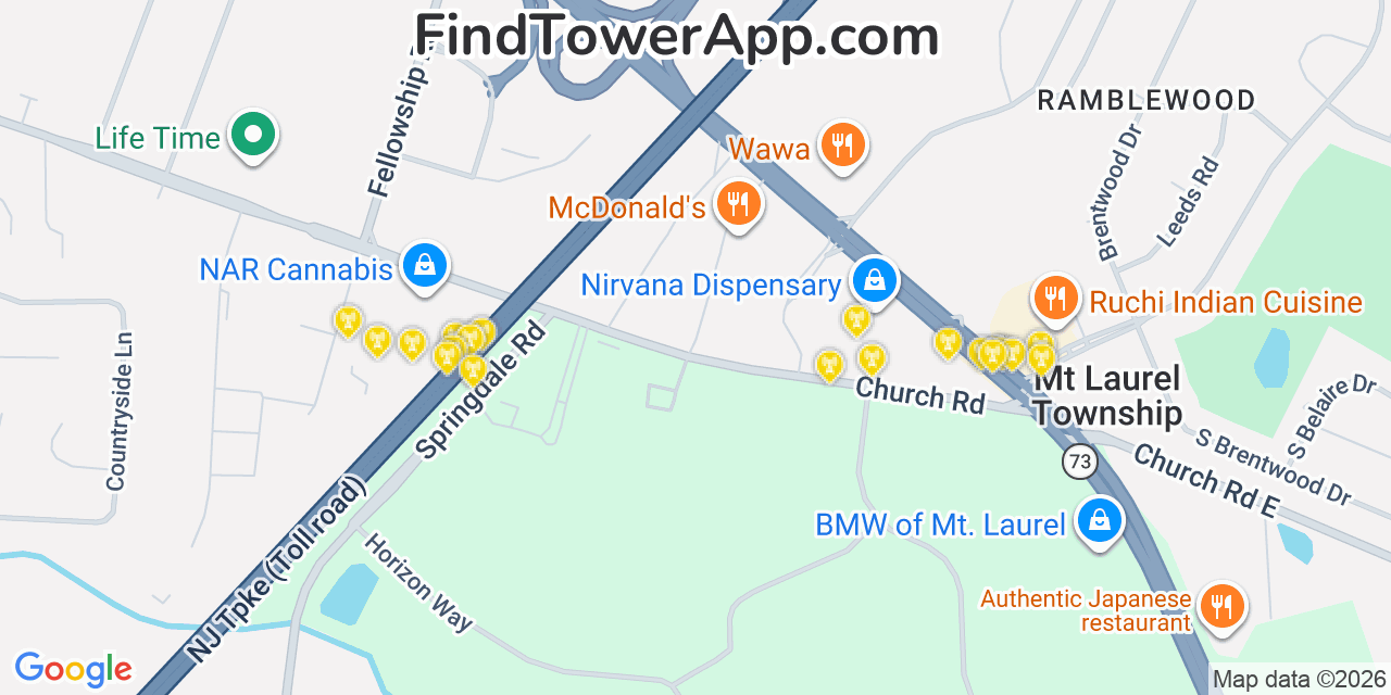 Map showing the 20 primary cell tower locations detected in Ramblewood, New Jersey from AT&T, Verizon, and T-Mobile networks