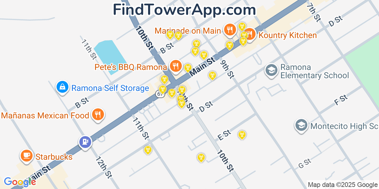 Map showing the 20 primary cell tower locations detected in Ramona, California from AT&T, Verizon, and T-Mobile networks