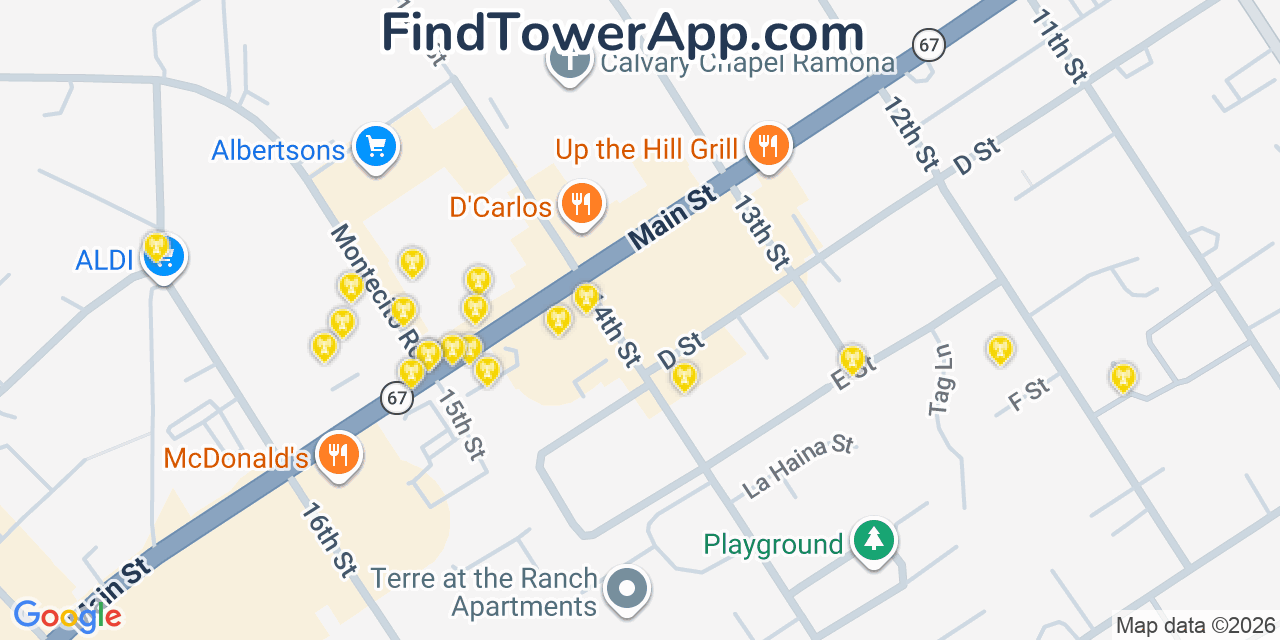 Map showing the 20 primary cell tower locations detected in Ramona, California from AT&T, Verizon, and T-Mobile networks