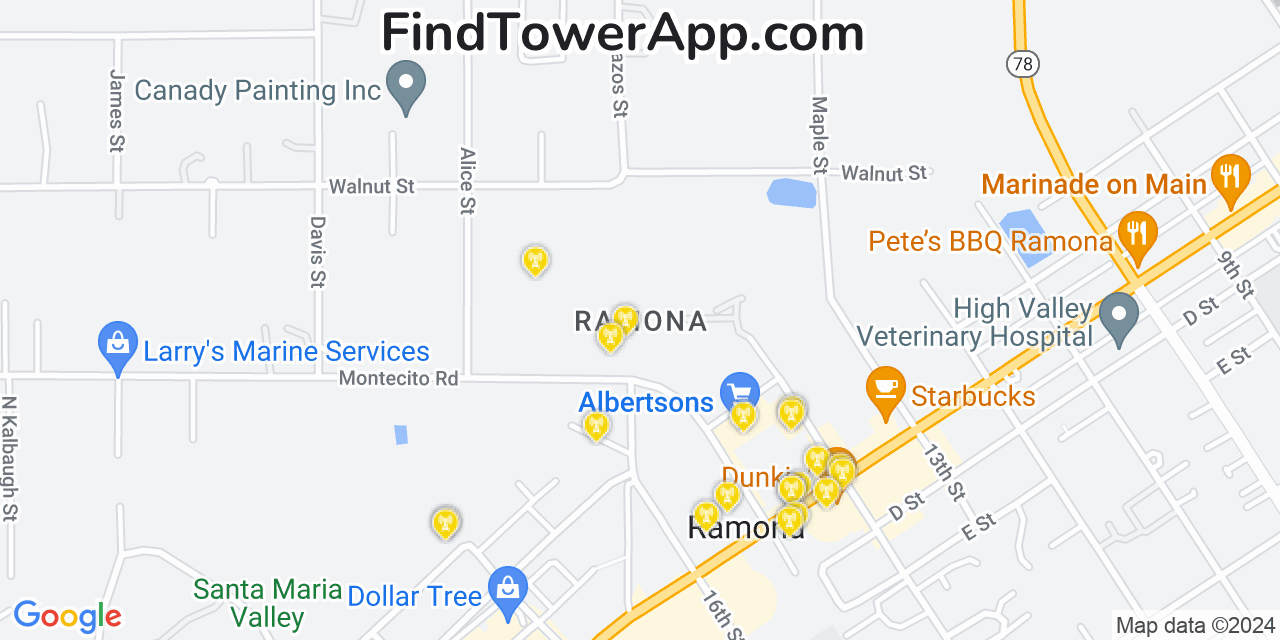 Verizon 4G/5G cell tower coverage map Ramona, California