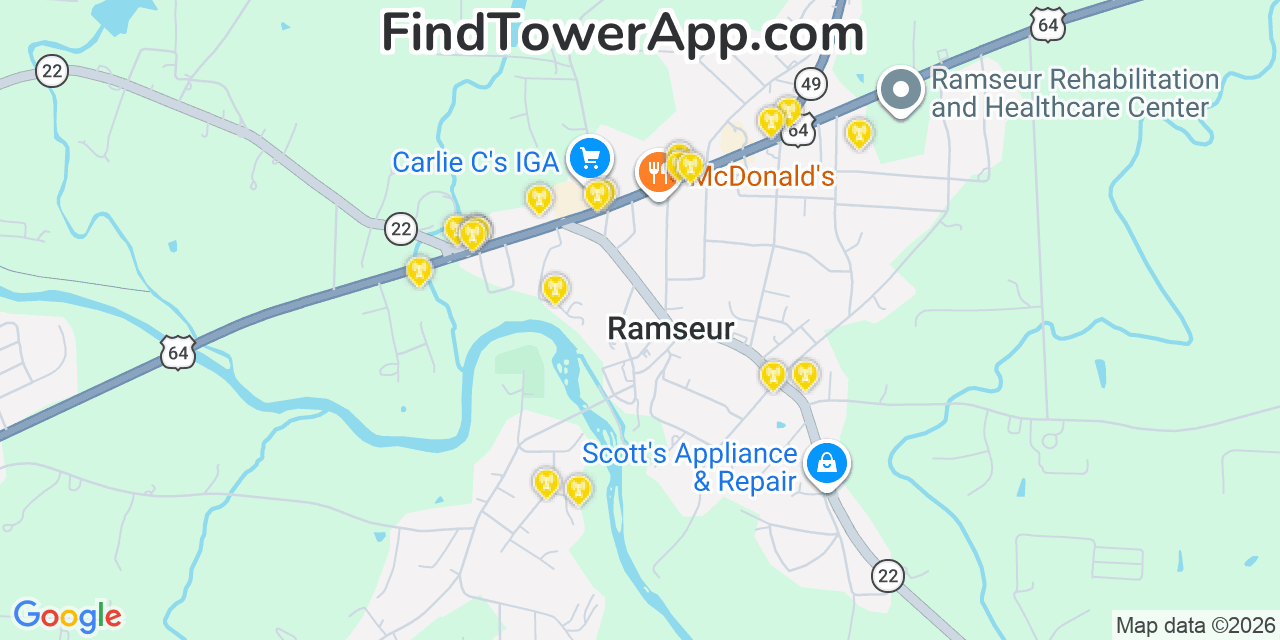 Map showing the 20 primary cell tower locations detected in Ramseur, North Carolina from AT&T, Verizon, and T-Mobile networks