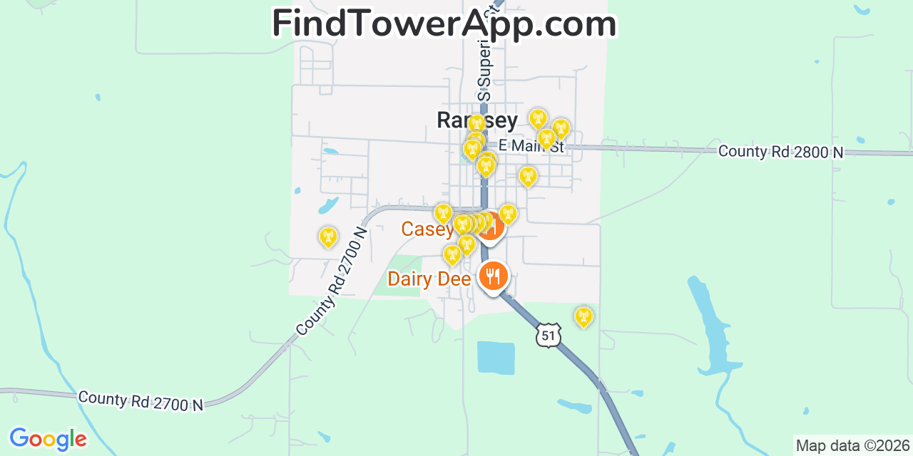 Map showing the 20 primary cell tower locations detected in Ramsey, Illinois from AT&T, Verizon, and T-Mobile networks