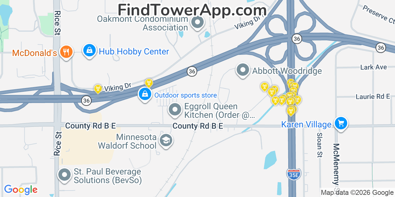 Map showing the 20 primary cell tower locations detected in Ramsey, Minnesota from AT&T, Verizon, and T-Mobile networks