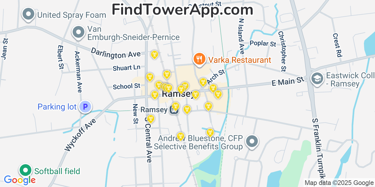 Map showing the 20 primary cell tower locations detected in Ramsey, New Jersey from AT&T, Verizon, and T-Mobile networks