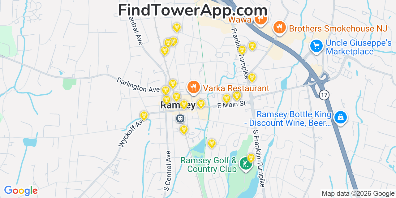 Map showing the 20 primary cell tower locations detected in Ramsey, New Jersey from AT&T, Verizon, and T-Mobile networks