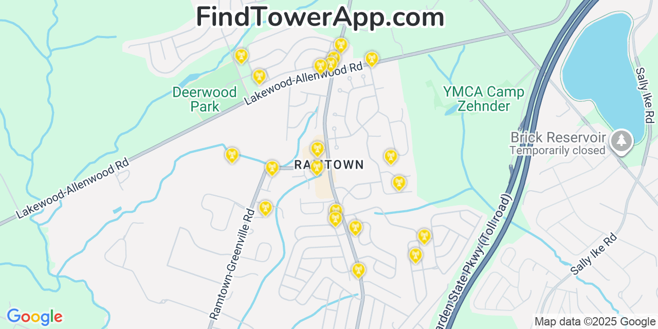 Map showing the 20 primary cell tower locations detected in Ramtown, New Jersey from AT&T, Verizon, and T-Mobile networks