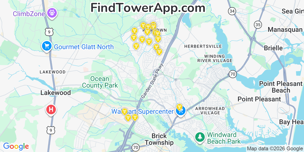 Map showing the 20 primary cell tower locations detected in Ramtown, New Jersey from AT&T, Verizon, and T-Mobile networks