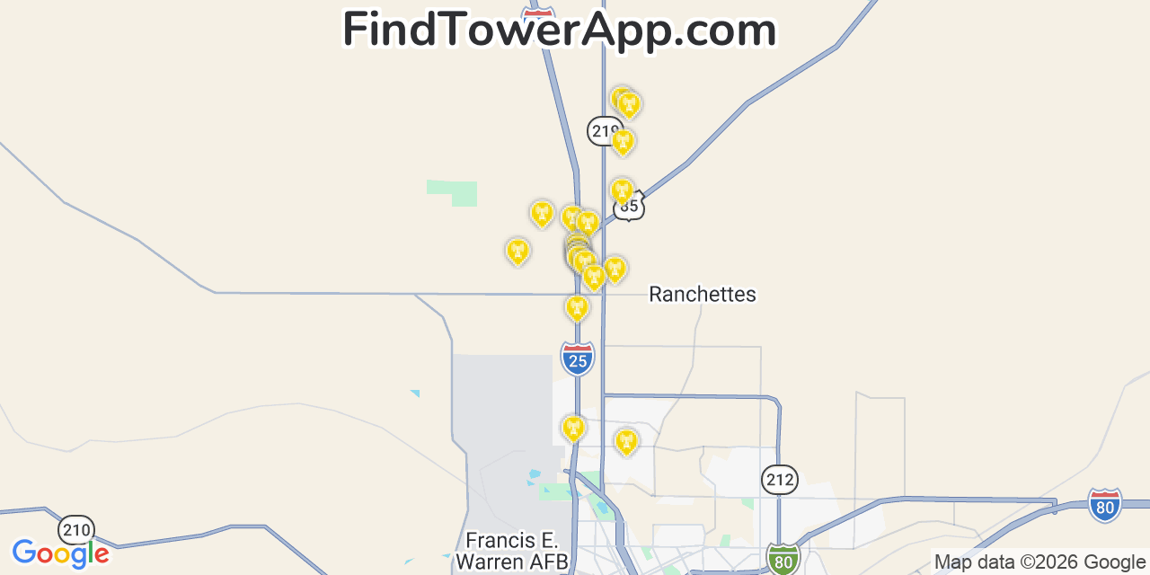 Map showing the 20 primary cell tower locations detected in Ranchettes, Wyoming from AT&T, Verizon, and T-Mobile networks
