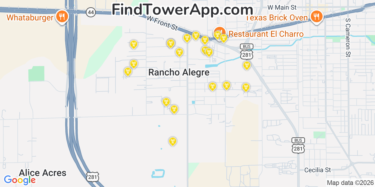 Map showing the 20 primary cell tower locations detected in Rancho Alegre, Texas from AT&T, Verizon, and T-Mobile networks