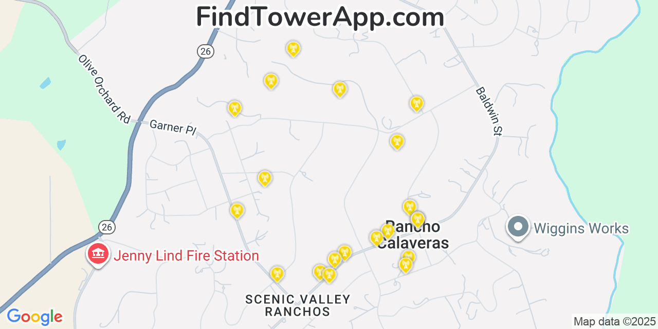 Map showing the 20 primary cell tower locations detected in Rancho Calaveras, California from AT&T, Verizon, and T-Mobile networks