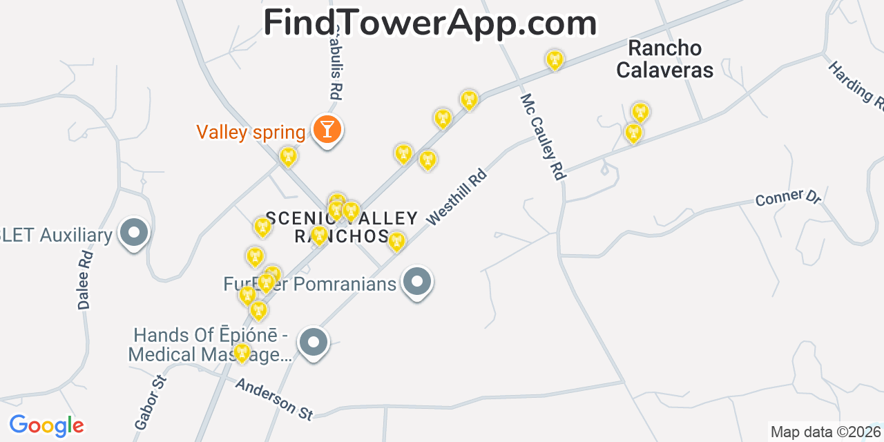 Map showing the 20 primary cell tower locations detected in Rancho Calaveras, California from AT&T, Verizon, and T-Mobile networks