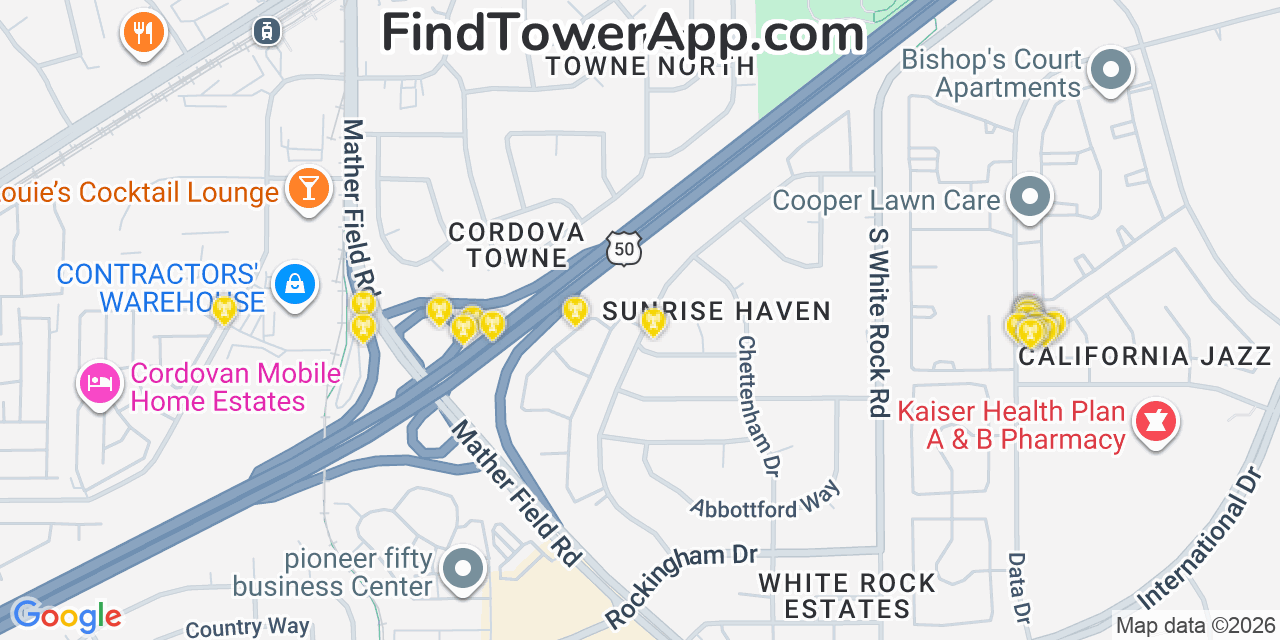 Map showing the 20 primary cell tower locations detected in Rancho Cordova, California from AT&T, Verizon, and T-Mobile networks