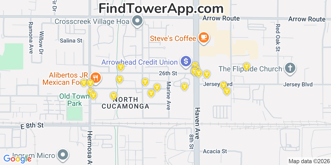 Map showing the 20 primary cell tower locations detected in Rancho Cucamonga, California from AT&T, Verizon, and T-Mobile networks