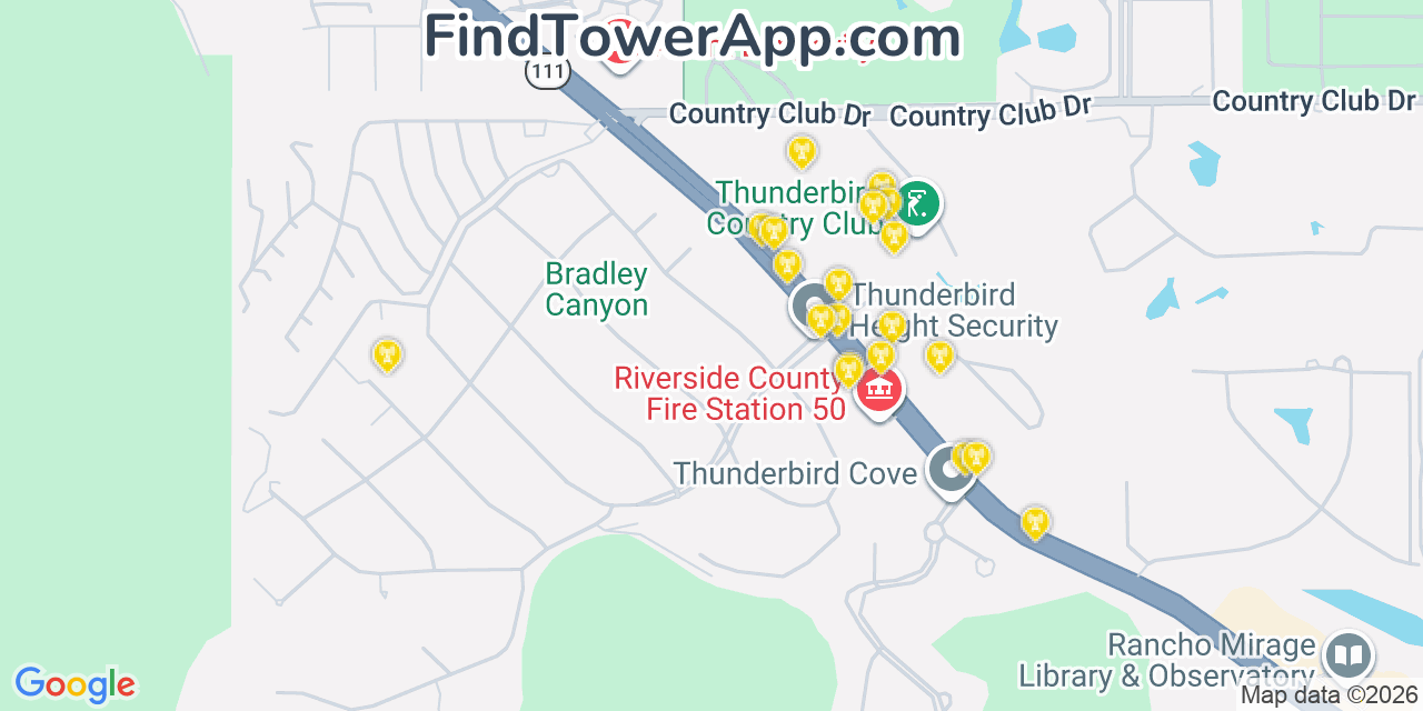 Map showing the 20 primary cell tower locations detected in Rancho Mirage, California from AT&T, Verizon, and T-Mobile networks