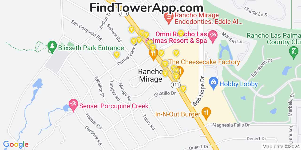 Verizon 4G/5G cell tower coverage map Rancho Mirage, California